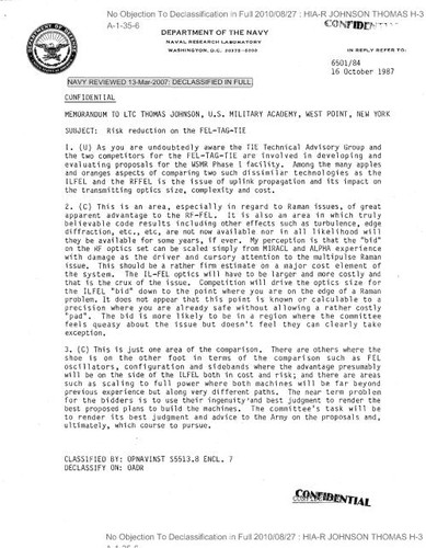 John M. McMahon memo regarding risk reduction on the FEL-TAG-TIE