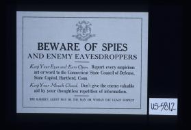 Beware of spies and enemy eavesdroppers. Keep your eyes and ears open. ... Keep your mouth closed. ... The Kaiser's agent may be the man or woman you least suspect