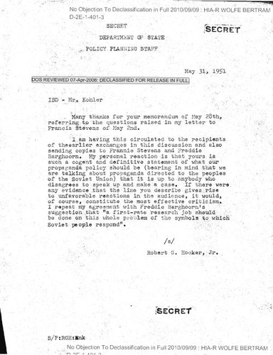 Robert G. Hooker Jr. note to Mr. Kohler regarding propaganda policy