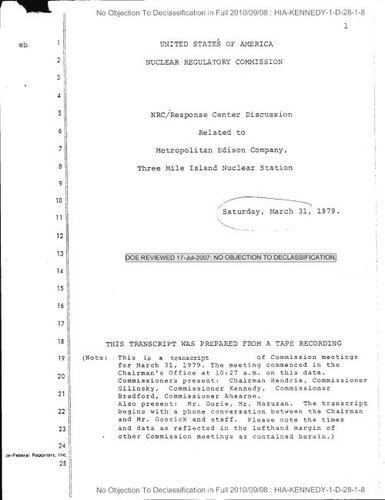 NRC/Response Center discussion related to Metropolitan Edison Company, Three Mile Island Nuclear Station