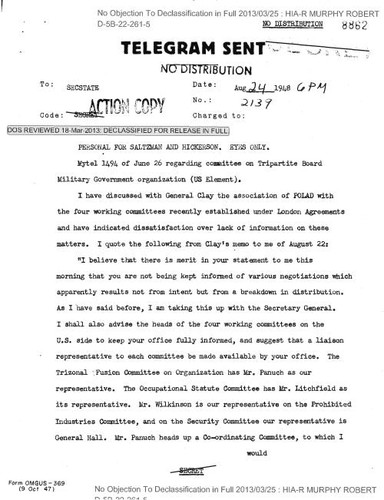 Robert Murphy cable to secretary of state regarding committee on Tripartite Board Military Government organization, with attachment