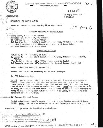 Defense secretary memo of conversation with Georg Leber (on October 4, 1972)