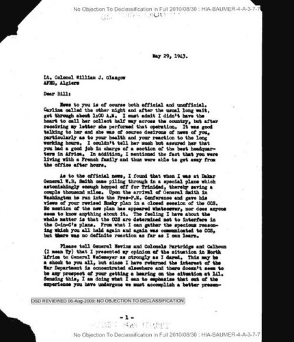 W. H. Baumer letter to Lt. Colonel William J. Glasgow