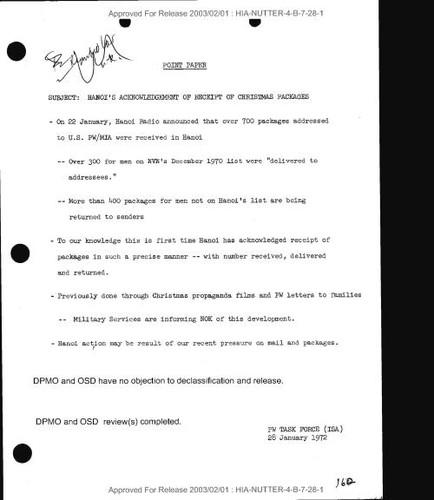 PW Task Force point papers on Hanoi's receipt of Christmas packages, political situation in Southeast Asia, and notes on secretary of defense staff meeting