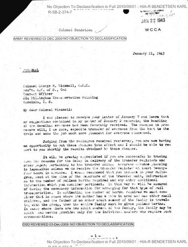 Bendetsen letter to Colonel George W. Bicknell