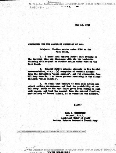 Bendetsen memo regarding further action under 9066 on the West Coast