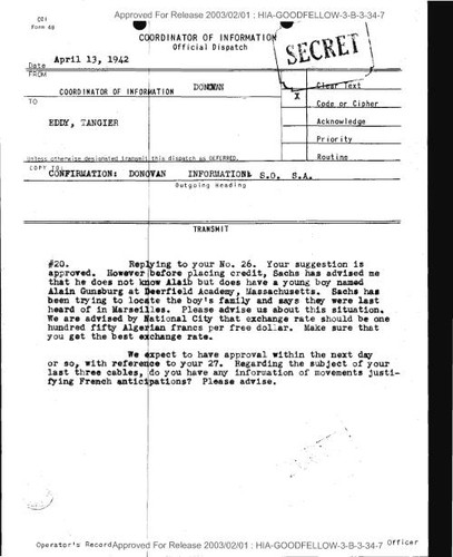 Donovan dispatch to Eddy, Tangier, number 20 regarding Alain