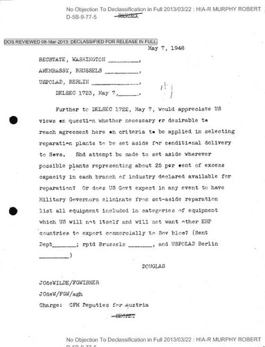 Douglas cable 1723 regarding selecting reparation plants for Soviets