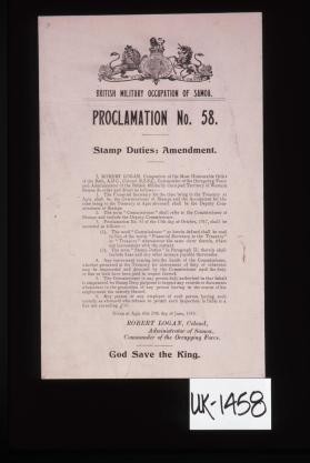 British Military Occupation of Samoa. Proclamation No. 58. Stamp Duties: Amendment ... Robert Logan, Colonel, Administrator of Samoa ... God save the King
