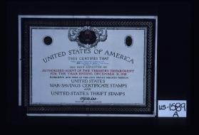 United States of America. This certifies that Young Woman's Christian Association, Mrs. Florence M. McCall, President, Chicago, Illinois has been appointed an authorized agent of the Treasury Department for the year ending December 31, 1918 to receive and issue at the cost prices indicated thereon United States War-Savings Certificate Stamps and United States Thrift Stamps. W.G. McAdoo, Secretary of the Treasury
