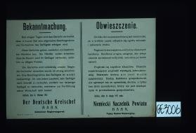 Bekanntmachung. Seit einigen Tagen wird das Gerucht verbreitet, dass in kurzer Zeit eine allgemeine Beschlagnahme und Fortnahme des Geflugels erfolgen wird. ... sind vollstandig unwahr. ... Kalisch, den 26. Februar 1915. ... Obwieszczenie. ... Niemiecki Naczelnik powiatu Hahn, Tajny radca rejencyjny
