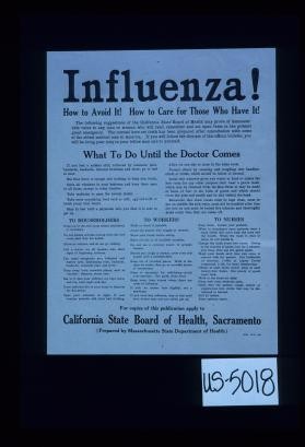 Influenza. How to avoid it. How to care for those who have it ... What to do until the doctor comes ... to householders, to workers, to nurses ... For copies of this publication apply to California State Board of Health, Sacramento