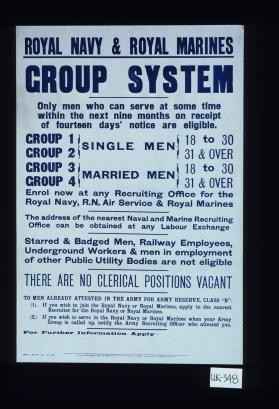 Royal Navy & Royal Marines. Group system. Only men who can serve at some time within the next nine months on receipt of fourteen days' notice are eligible