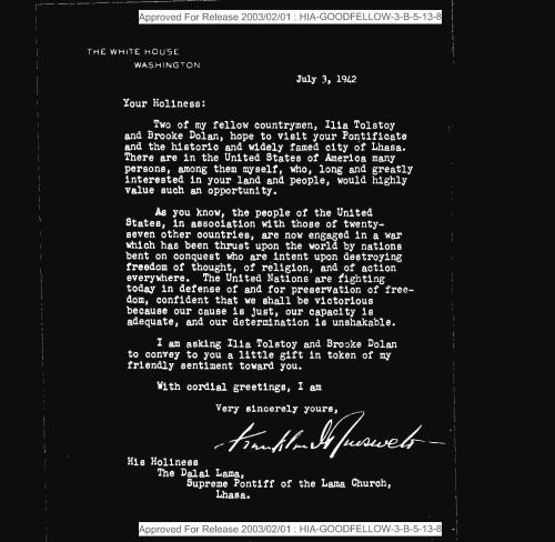 Franklin D. Roosevelt letter to the Dalai Lama