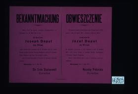Bekanntmachung. Durch Urteil des Kaiserlich Deutschen Bezirkgerichts I zu Warschau ... ist ... mit dem Tode bestraft worden. ... Obwieszczenie. Wyrokiem ... skazany zostal na smierc ... Warszawa, dnia 5 maja 1916r. Naczelny Prokurator Guradze