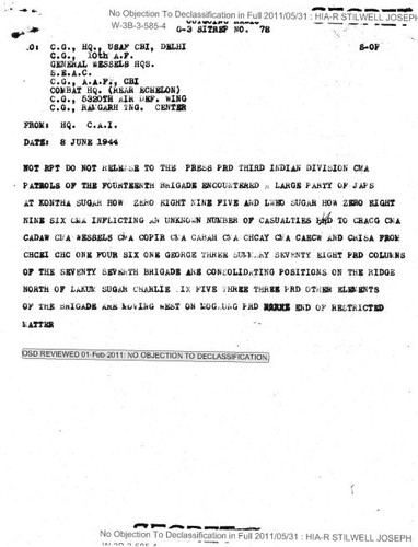 Outgoing radio from HQ., C.A.I. to C.G., HQ., USAF CBI, Delhi and others