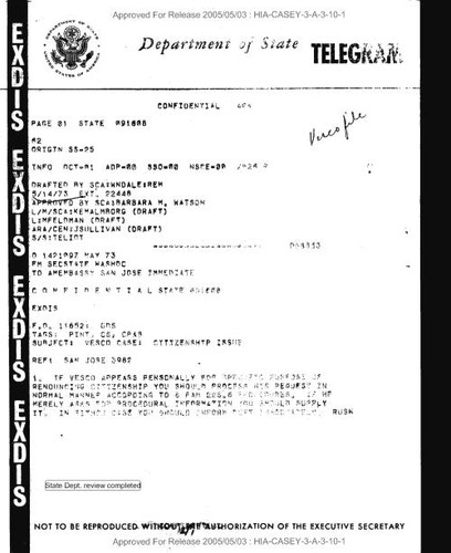 Secretary of state cable to American embassy, San Jose regarding Vesco case: citizenship issue