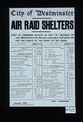 City of Westminster. Air raid shelters. List of premises situate in the "A" Division of the Metropolitan Police available for shelter for the public in the event of air raids