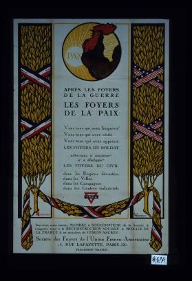 Apres les foyer de la guerre, les foyer de la paix. Vous tous qui avez frequente. Vous tous qui avez visite. Vous tous qui avez apprecie les Foyer du Soldat aidez-nous a constituer et a developper les Foyer du Civil dans les regions devastees