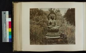 Photograph of a man sitting next to a buddha statue