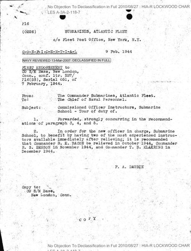 F. A. Daubin memo regarding commissioned officer instructors, submarine school--tour of duty of, with attachments