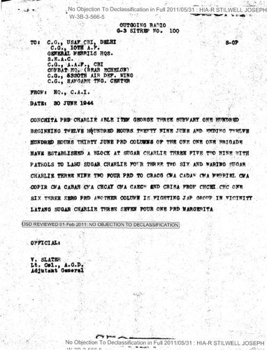 Outgoing radio from HQ., C.A.I. to C.G., USAF CBI, Delhi and others