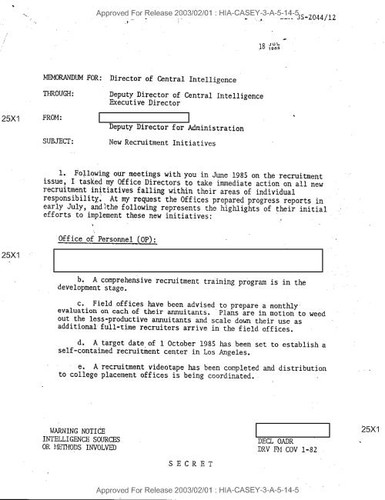 Deputy director for administration note to director of central intelligence regarding new recruitment initiatives