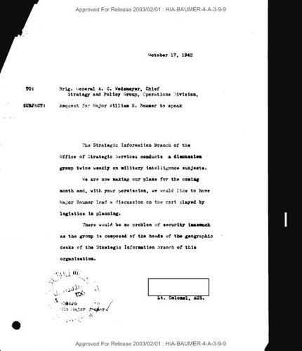 Memo to Albert C. Wedemeyer requesting William H. Baumer to speak