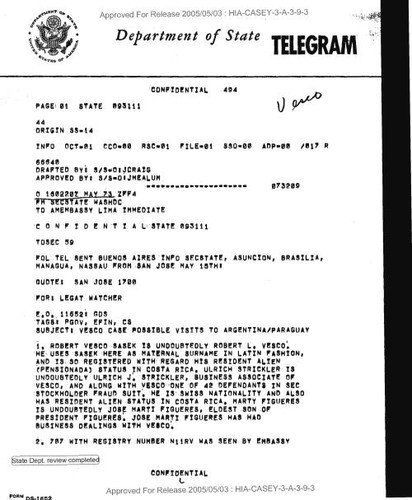 Secretary of state cable to American embassy, Lima regarding Vesco case possible visits to Argentina/Paraguay