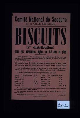 Biscuits (2me distribution) pour les personnes agees de 65 ans et plus ... a partir du lundi 18 septembre 1944
