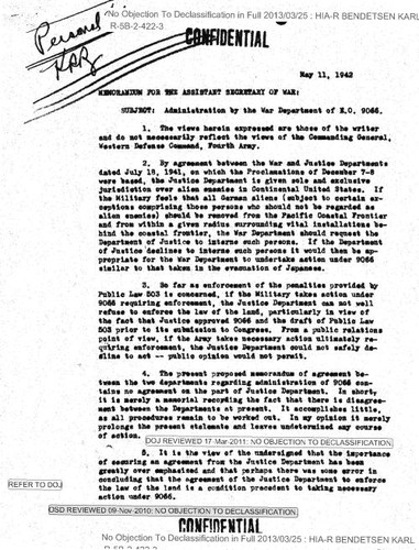 Bendetsen memo regarding administration by the War Department of E.O. 9066