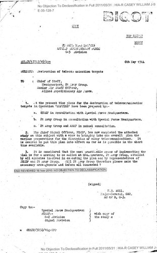 H. R. Bull memo regarding destruction of telecommunication targets, with attachment