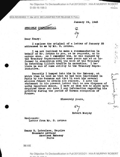 Robert Murphy letter to Henry R. Labouisse regarding S. Astras, with attachment