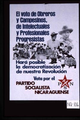 El voto de obreros y campesinos, de intelectuales y profesionales progresistas hara posible la democratizacion de nuestra revolucion. Vota por el Partido Socialista Nicaraguense