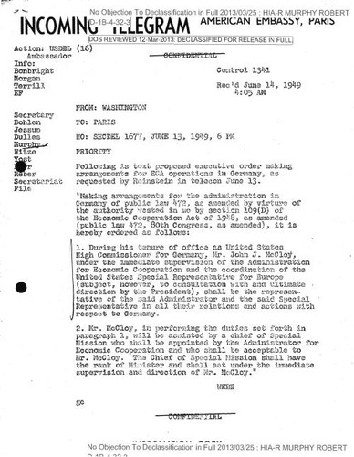 Cable regarding text of proposed executive order for ECA operations in Germany
