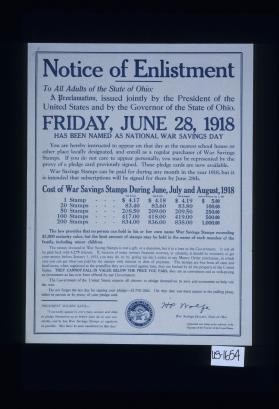 Notice of enlistment. To all adults of the State of Ohio: A proclamation, issued jointly by the President of the United States and by the Governor of the State of Ohio. Friday, June 28, 1918 has been named as National War Savings day. ... The money invested in War Savings Stamps is not a gift, or a donation, but a loan to the government. ... The government of the United States expects all citizens to pledge themselves [signed] H. P. Wolfe, War Savings Director