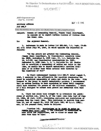 Gullion memo regarding powers of commanding general, Panama Canal Department, to exclude or to deport certain classes of persons from the Canal Zone