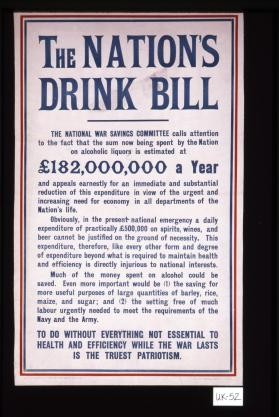 The nation's drink bill. The National War Savings Committee calls attention to the fact that the sum now being spent by the nation on alcoholic liquors is estimated at L182,000,000 a year