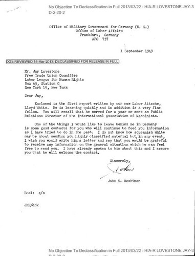Meskimen letter to Lovestone, with attached Lloyed White memo regarding impressions of Berline and the West Zone of Germany