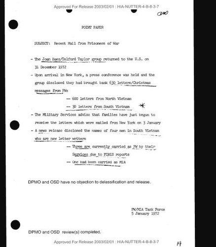 PW/MIA Task Force point paper on recent mail from prisoners of war