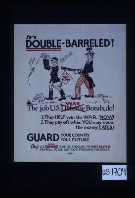 It's double-barreled! The job U.S. war bonds, do! 1. They help win the war, now! 2. They pay off when you may need the money, later! Guard your country, your future. Buy U.S. war bonds through the Roebling payroll plan. Ask your foreman for details