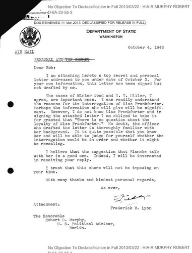 Frederick B. Lyon letters to Robert Murphy regarding Minter Wood and Robert T. Miller