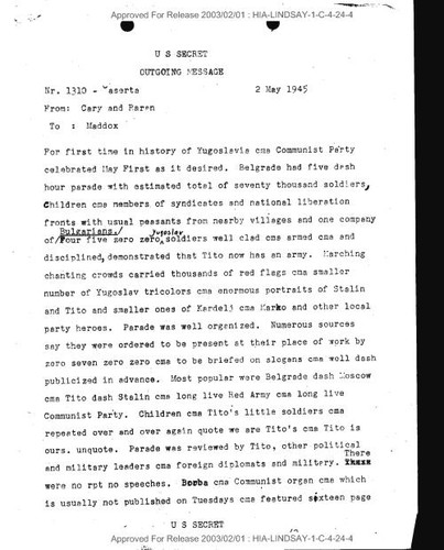 William L. Cary and Raran message to Maddox number 1310 regarding May First celebration