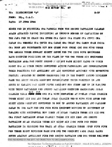 Outgoing radio from HQ., C.A.I. to distribution "A"