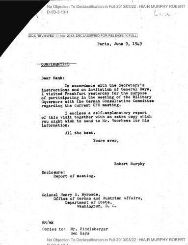 Robert Murphy letter to Henry A. Byroads, with attached report on meeting of the Military Governors with the German Consultative Committee