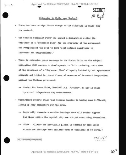 Point paper on situation in Chile over the weekend