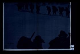 Poster depicting troops plodding through a snowy mountain pass [lower right quarter]