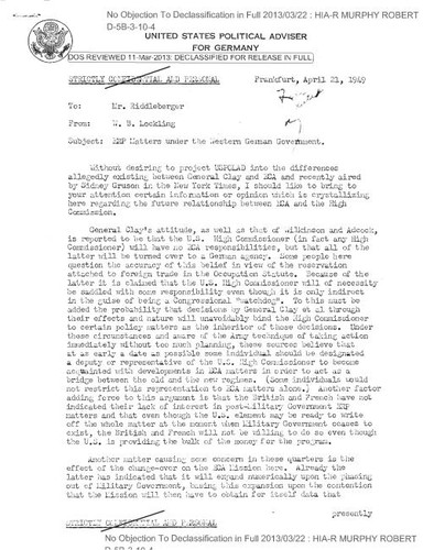 W. B. Lockling memo to Riddleberger regarding ERP matters under the Western German government