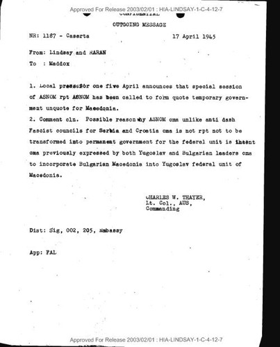 Franklin Lindsay and RARAN message to Maddox number 1187 concerning ASNOM