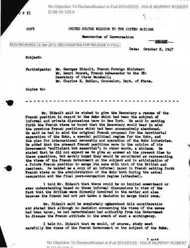 Memorandum of conversation with George Bidault, French foreign minister, with attachment